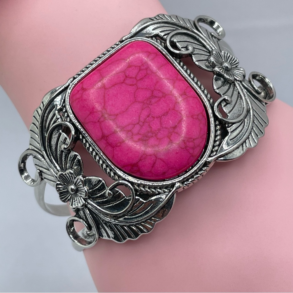 New Silver Pink Howlite Cuff Bracelet Floral Scroll Southwestern Bold